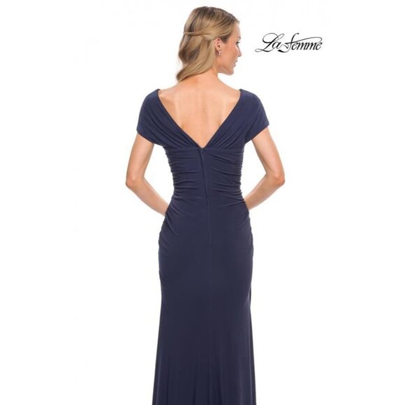 La Femme Womens Size 8 Navy Blue Jersey Evening Gown Maxi Dress Cocktail Wedding - Picture 5 of 12